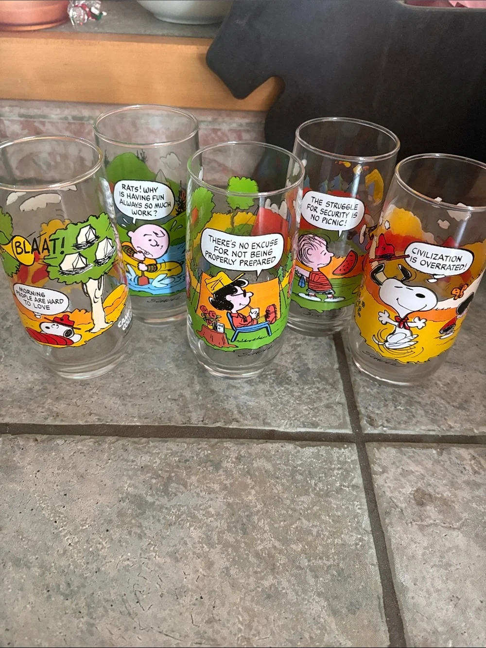 Vintage 1983 Peanuts Drinking Glasses, set of 5 McDonalds camp snoopy collection